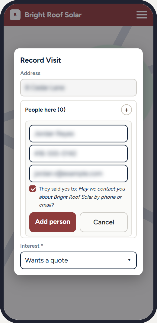 Adding a contact at the door: name, phone, email and a tick for permission to contact them