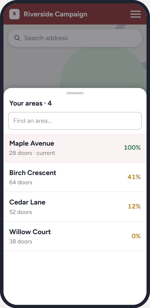 The list of areas assigned to a canvasser, each with its progress