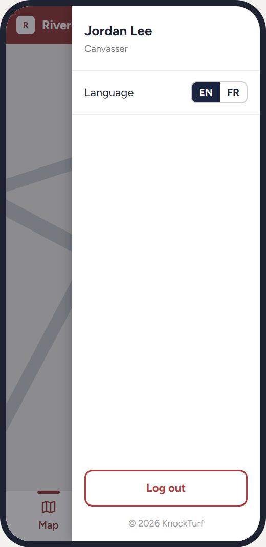 The menu with the canvasser name, English and French, and Log out