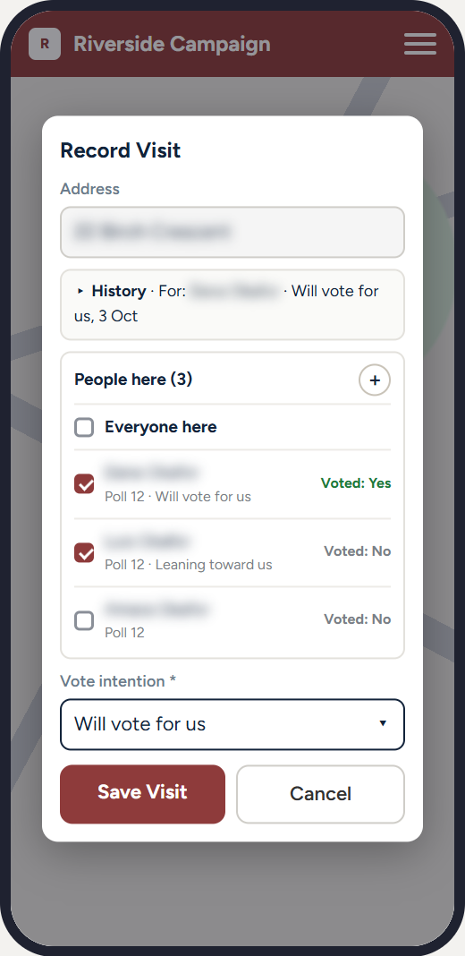 The visit form listing the three people at the door, two ticked, one marked as having voted