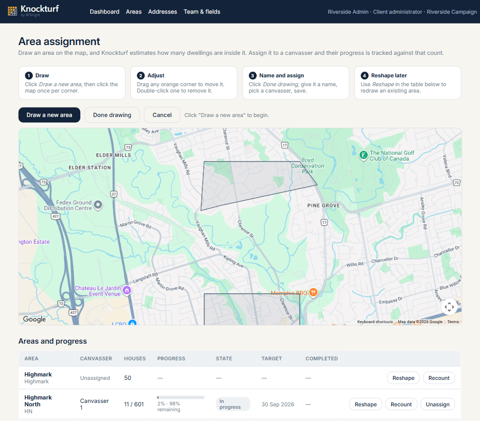 KnockTurf area assignment screen showing a map with drawn canvassing territories and a progress table