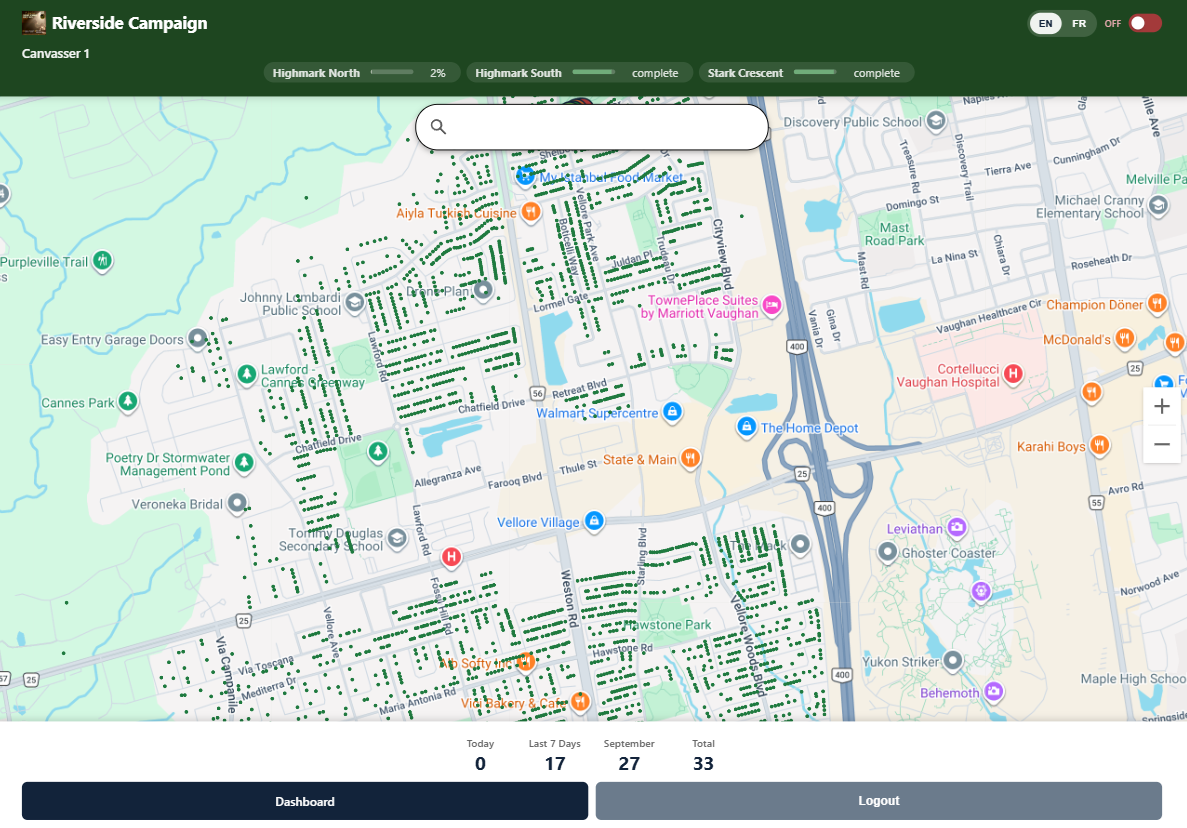 The canvasser's map: every authorised address across the neighbourhood marked with a green dot, with per-area progress along the top