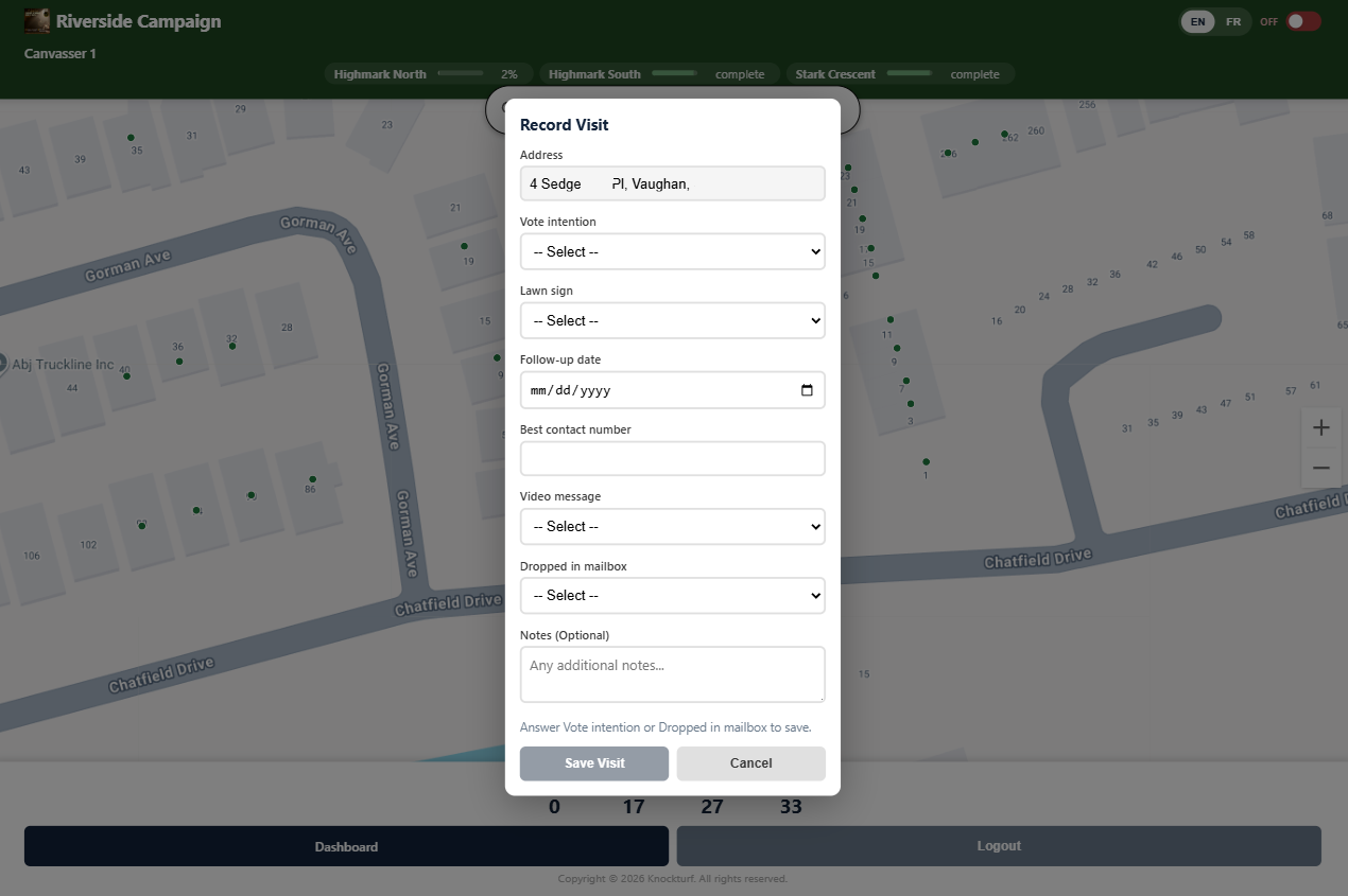 The Record Visit form open over the map, listing the questions this campaign chose: vote intention, lawn sign, follow-up date, contact number, video message and whether a flyer went through the door